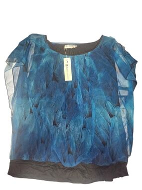 Blue Feather-Print Sheer Blouse with Black Hem